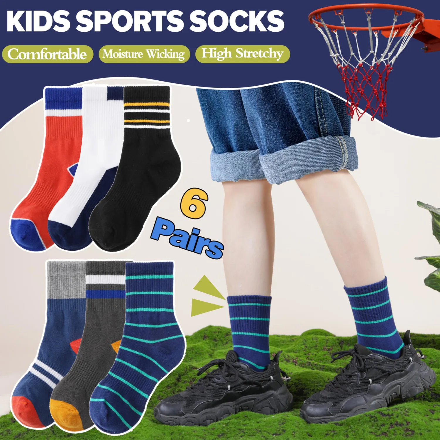 EBMORE 6 Pairs Kids Boys Socks Athletic Basketball Sport Breathable Crew Soft Cotton Youth Socks for Outdoor