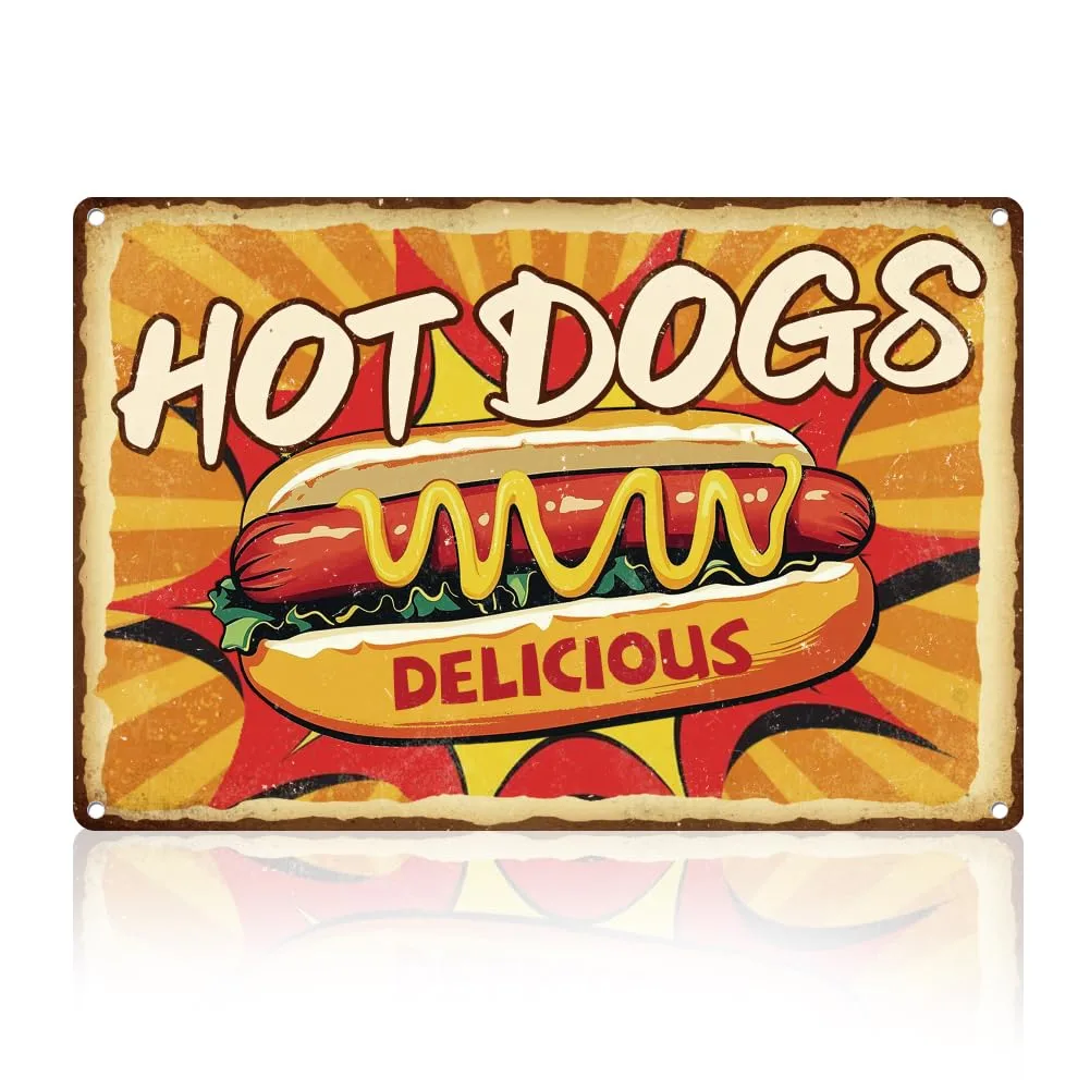 Hot Dogs Kitchen Sign Wall Decor Fast Food Delicious Restaurant Metal Tin Sign Vintage Poster for Home Dinner Room Cafe Bread Shop Wall Decor Gift 8" x 12"