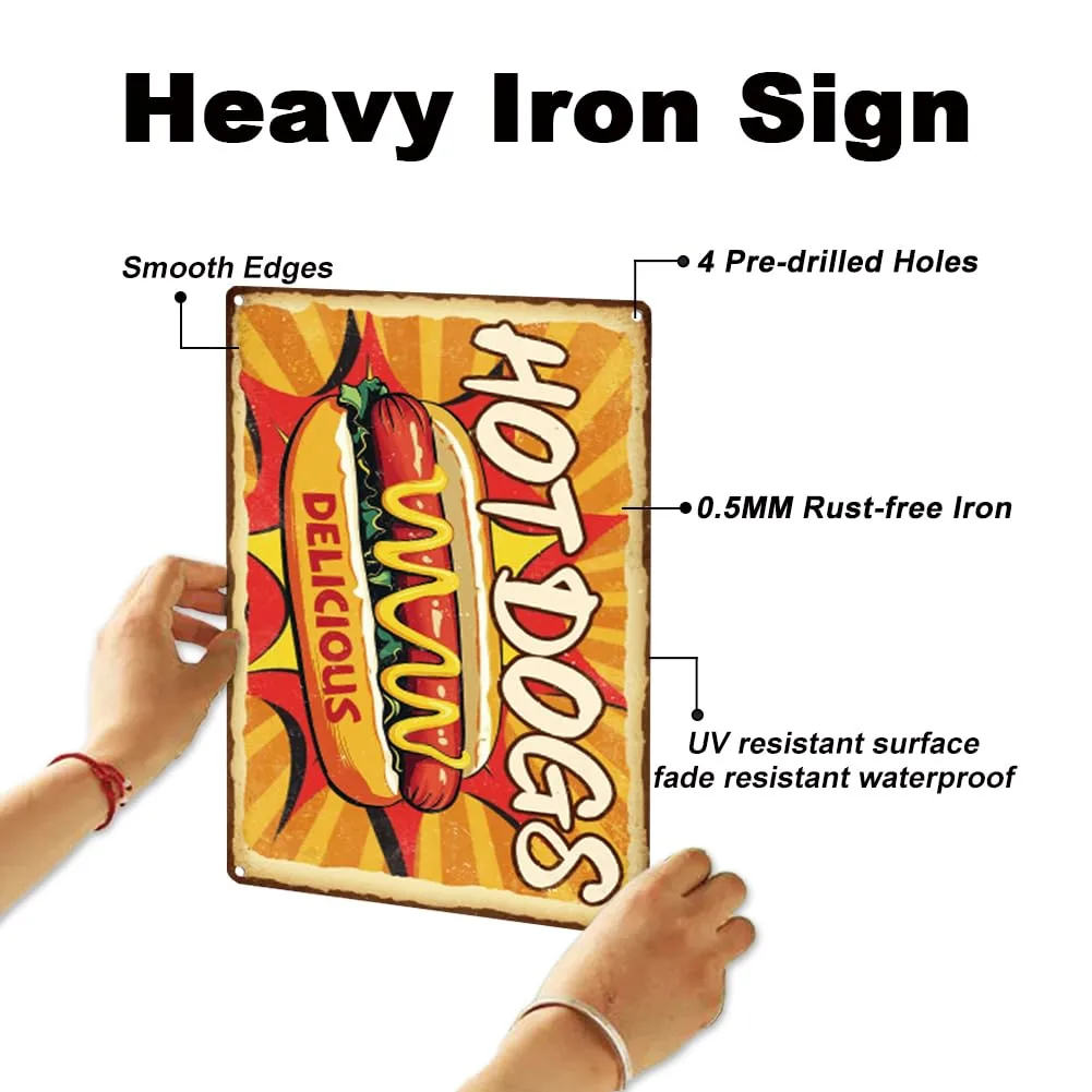Hot Dogs Kitchen Sign Wall Decor Fast Food Delicious Restaurant Metal Tin Sign Vintage Poster for Home Dinner Room Cafe Bread Shop Wall Decor Gift 8" x 12"