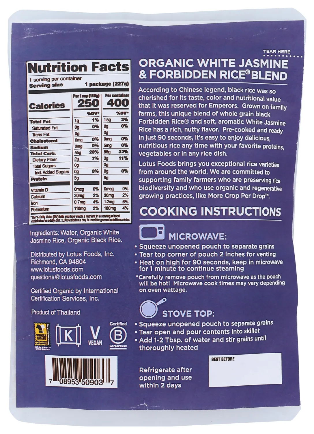 LOTUS FOODS Organic White Jasmine & Forbidden Rice, 8 OZ