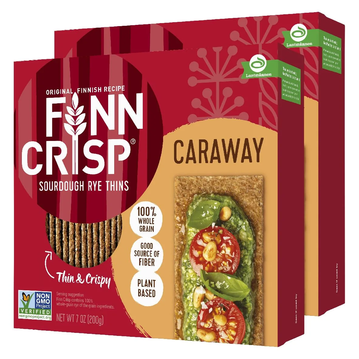 Finn Crisps Rye Crispbread with Caraway 7oz | Thin, Crispy Rye Flatbreads with Caraway | Multipack of Authentic Finnish Sourdough Crispbread | Caraway Rye Crackers by Finn Crisp [2 Boxes x 7oz]