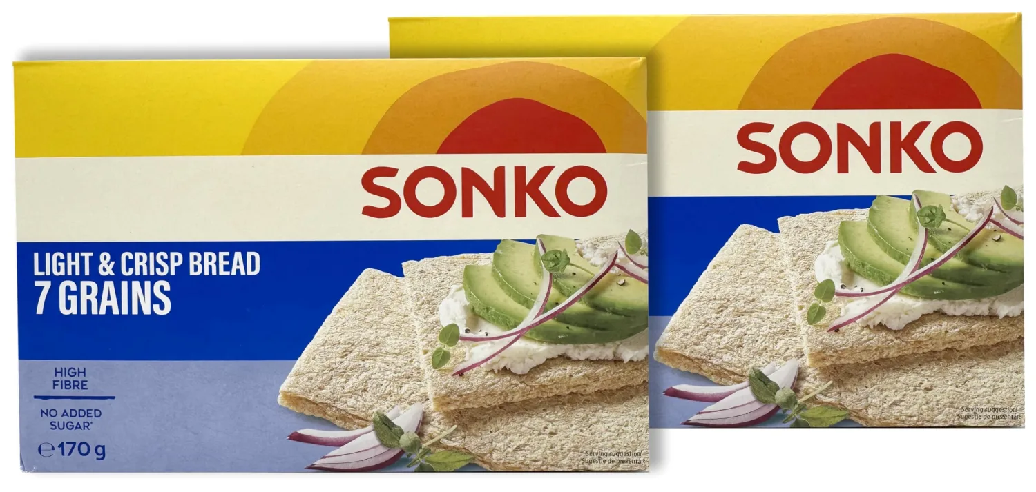 Sonko Light & Crisp Bread 7 Grains, No Added Sugar Rye Crisps High Fiber Crackers 6 Ounce Pack of 2