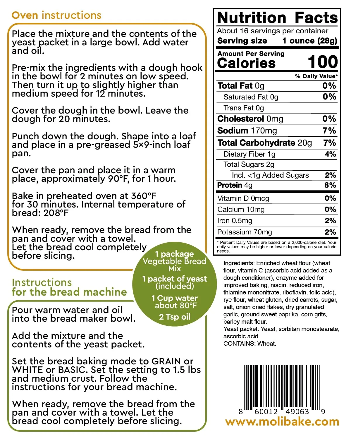 Molibake Vegetable Bread Mix - All-Natural Vegetable Bread Mix for Bread Machine and Oven Baking - 15 oz