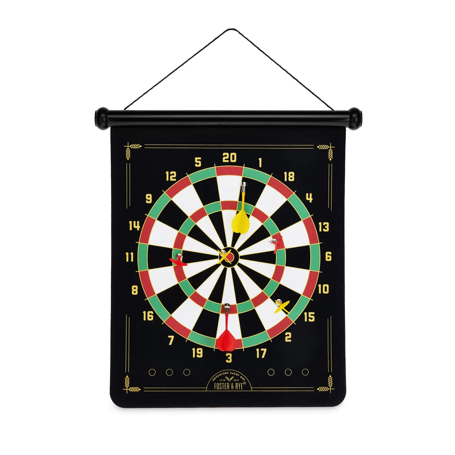 Foster & Rye Double Sided Games Set with Magnetic Dart Board and Hunting Target Bullseye Drinking Game, Hang Anywhere, Includes 6 Darts