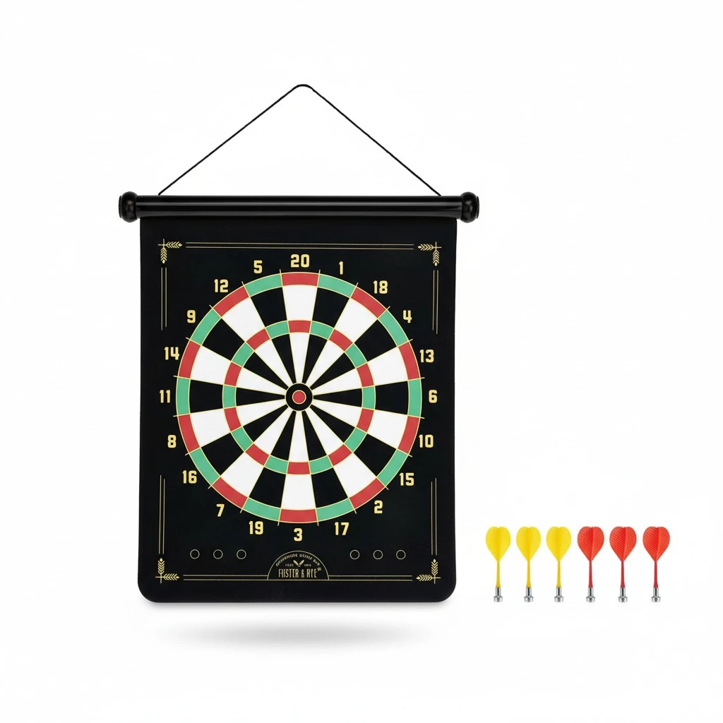 Foster & Rye Double Sided Games Set with Magnetic Dart Board and Hunting Target Bullseye Drinking Game, Hang Anywhere, Includes 6 Darts