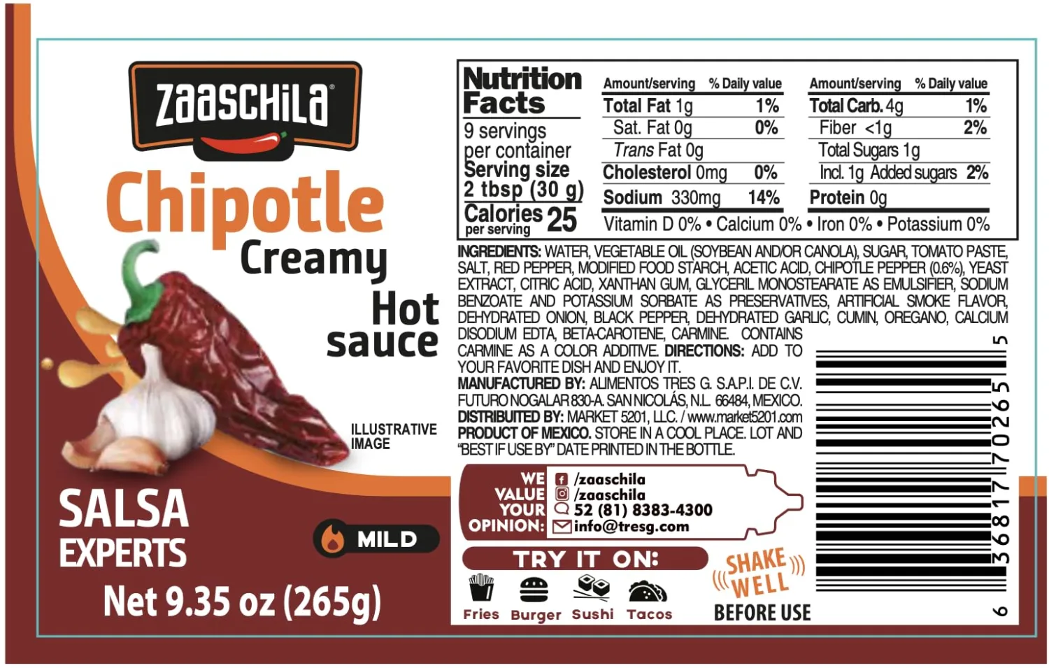 Zaaschila Creamy Sauce Chipotle 9.35oz (265g)