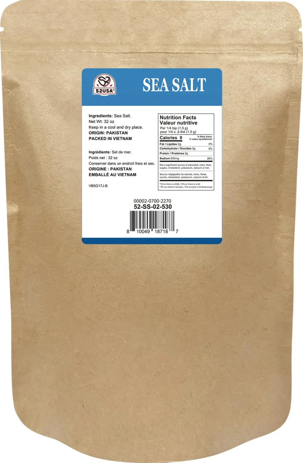 52USA Sea Salt, 2lb - 32oz (1 Pack), Coarse Grain, Salt Grinder Refill, Perfect Coarse Sea Salt For Cooking, All Natural Sea Salt