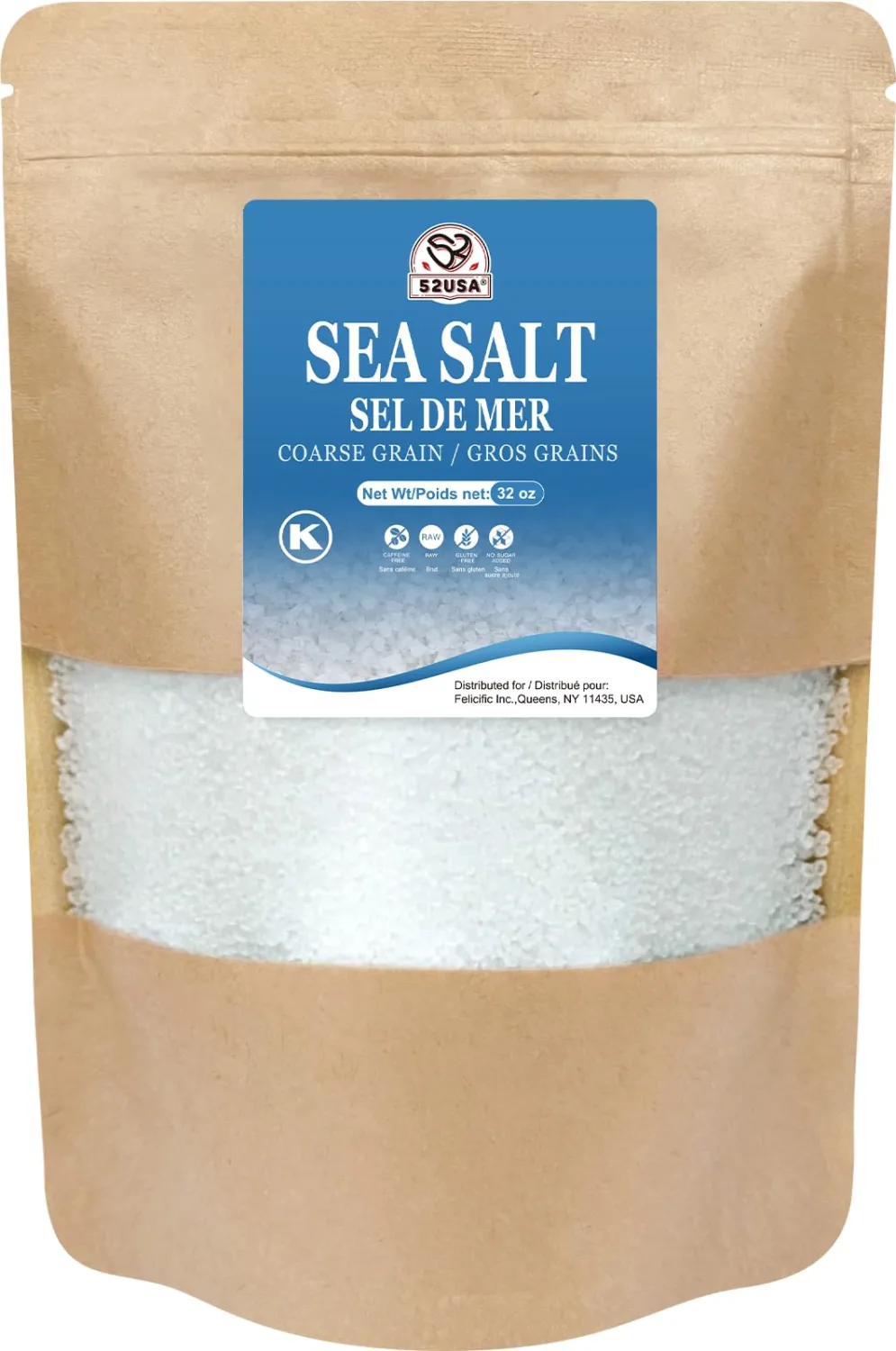 52USA Sea Salt, 2lb - 32oz (1 Pack), Coarse Grain, Salt Grinder Refill, Perfect Coarse Sea Salt For Cooking, All Natural Sea Salt