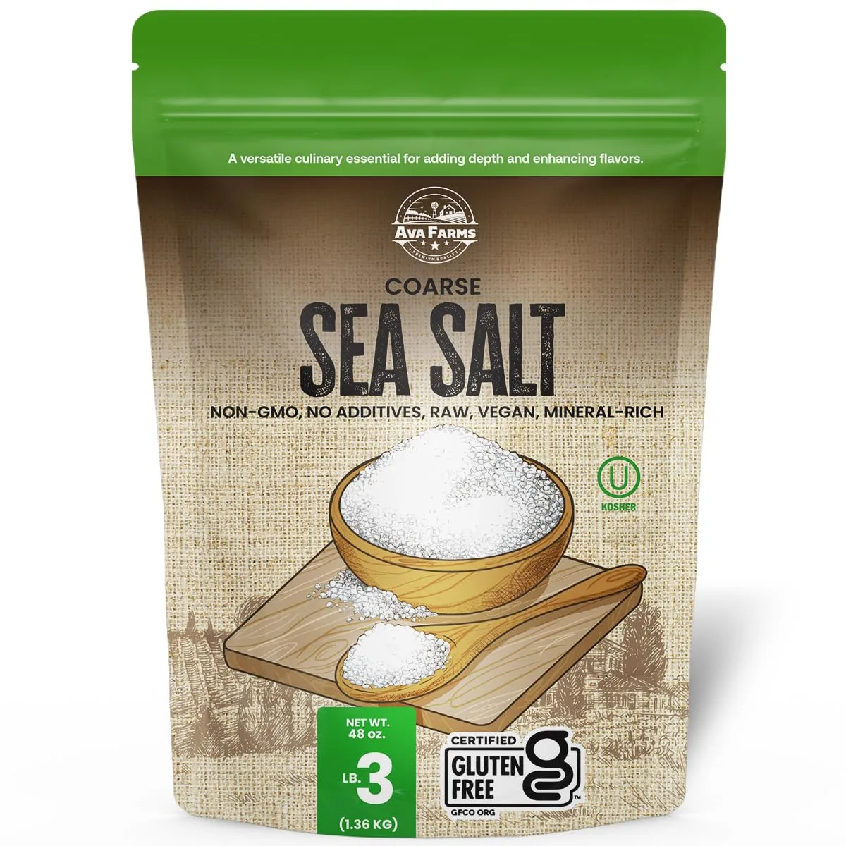 Ava Farms Sea Salt - Coarse – 3 Lb. –Gluten-Free, Non-GMO, Vegan, Raw, Kosher, Mineral Rich – Resealable Bag