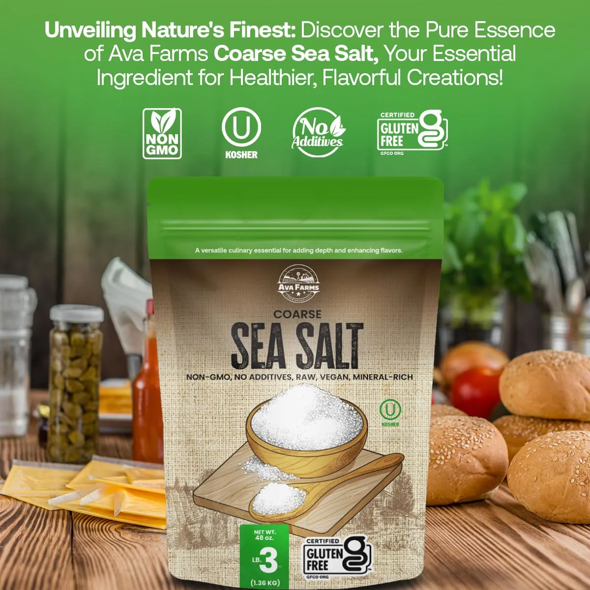 Ava Farms Sea Salt - Coarse – 3 Lb. –Gluten-Free, Non-GMO, Vegan, Raw, Kosher, Mineral Rich – Resealable Bag