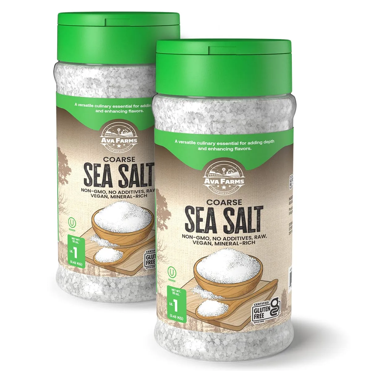 Ava Farms Sea Salt - Coarse – 16 oz. Bottle – 2 Pack - Gluten-Free, Non-GMO, Vegan, Raw, Kosher, Mineral Rich