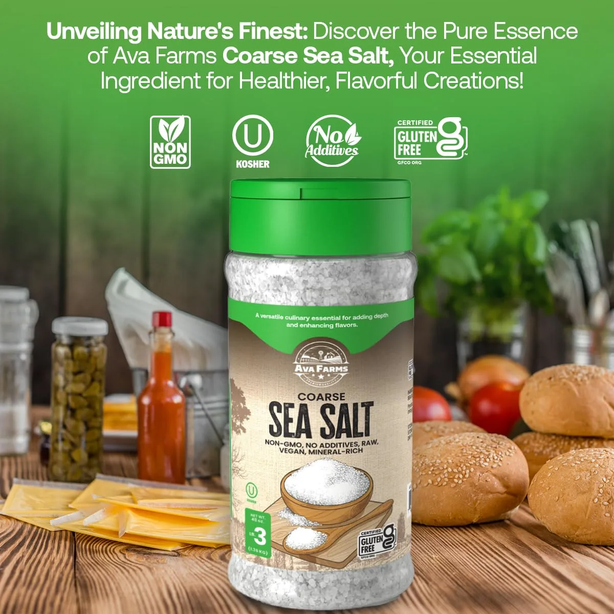 Ava Farms Sea Salt - Coarse – 16 oz. Bottle – 2 Pack - Gluten-Free, Non-GMO, Vegan, Raw, Kosher, Mineral Rich