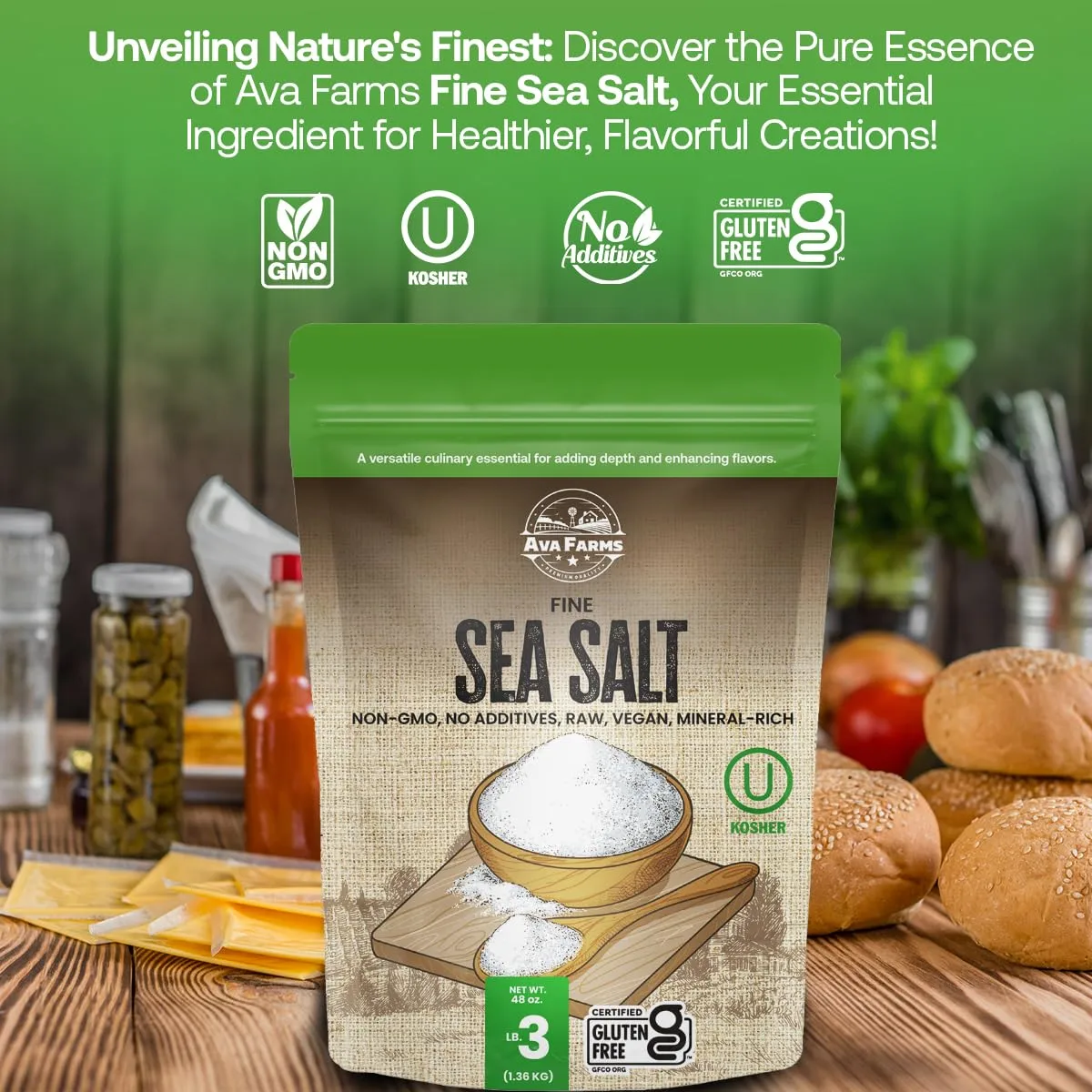Ava Farms Sea Salt - Fine – 3 Lb. - Gluten-Free, Non-GMO, Vegan, Raw, Kosher, Mineral Rich – Resealable Bag