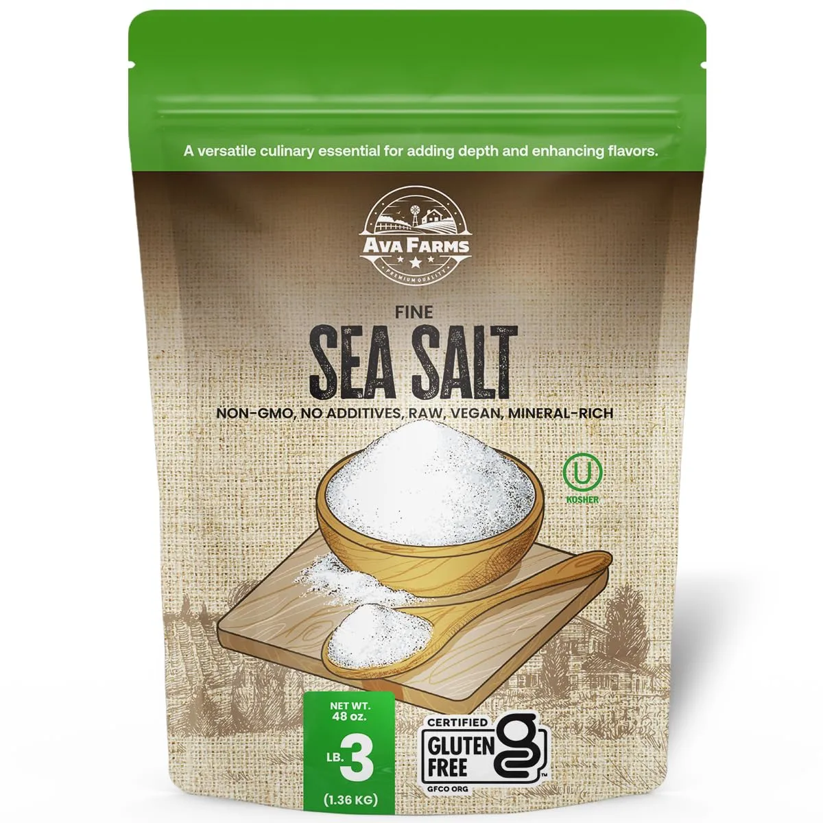 Ava Farms Sea Salt - Fine – 3 Lb. - Gluten-Free, Non-GMO, Vegan, Raw, Kosher, Mineral Rich – Resealable Bag