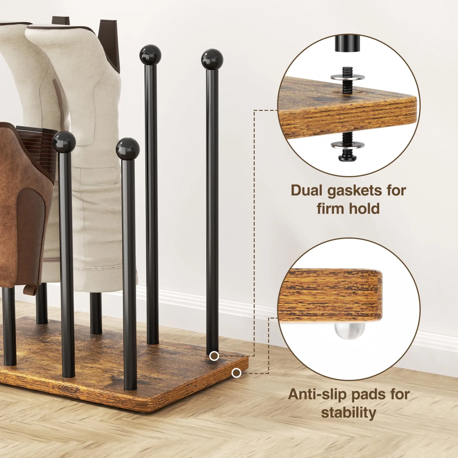 pickpiff Boot Rack 1 Pack Shoe Organizer 16.4'' Tall Free Standing Shoes Holder Metal With Wood Base