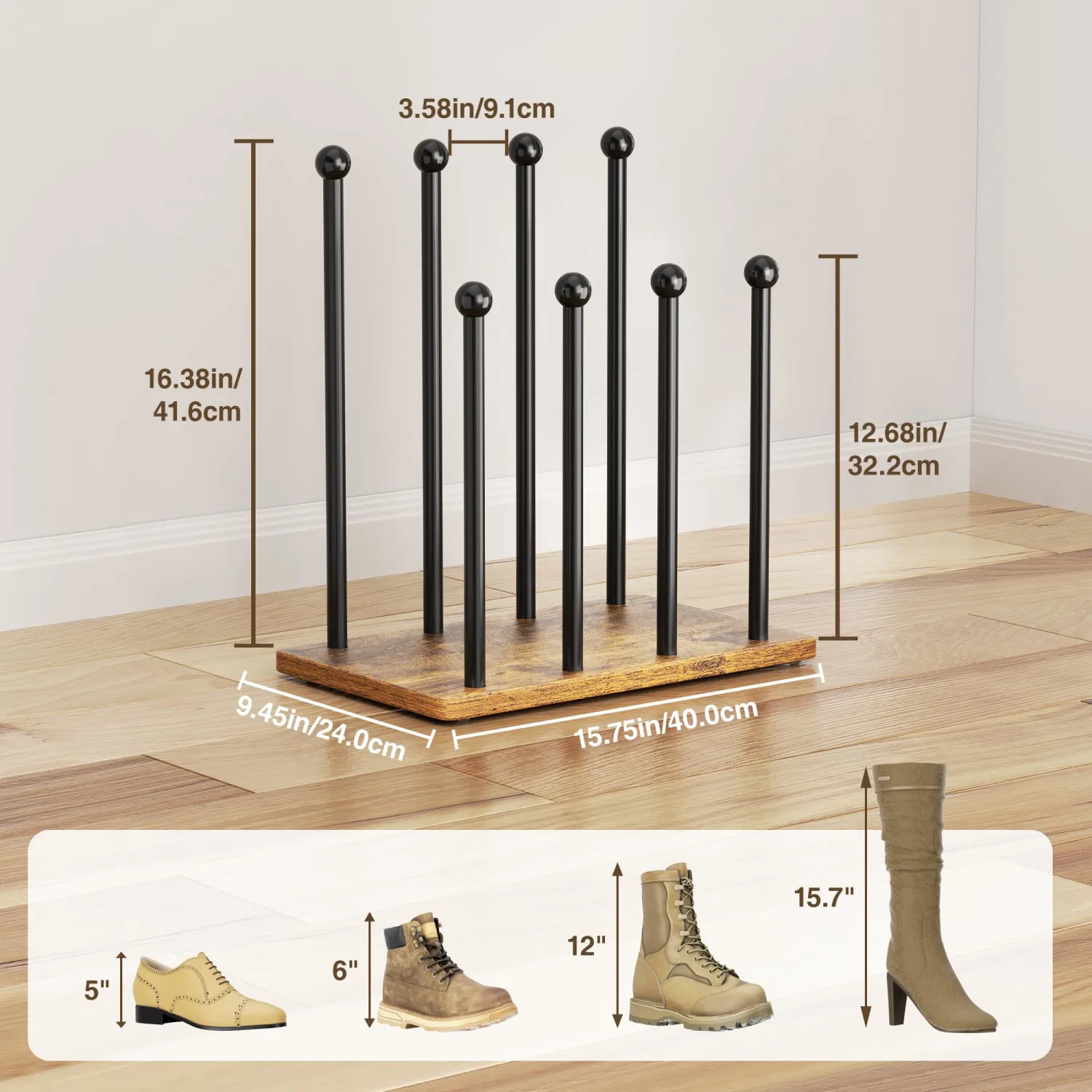 pickpiff Boot Rack 1 Pack Shoe Organizer 16.4'' Tall Free Standing Shoes Holder Metal With Wood Base