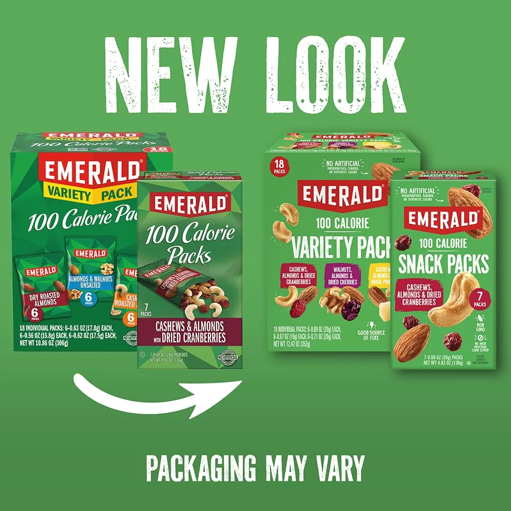 Emerald Nuts Roasted and Salted Cashews 7ct (1-Pack), 100-Calorie Individual Packs, Kosher Certified, Non-GMO, Contains No Artificial Preservatives, Flavors or Synthetic Colors
