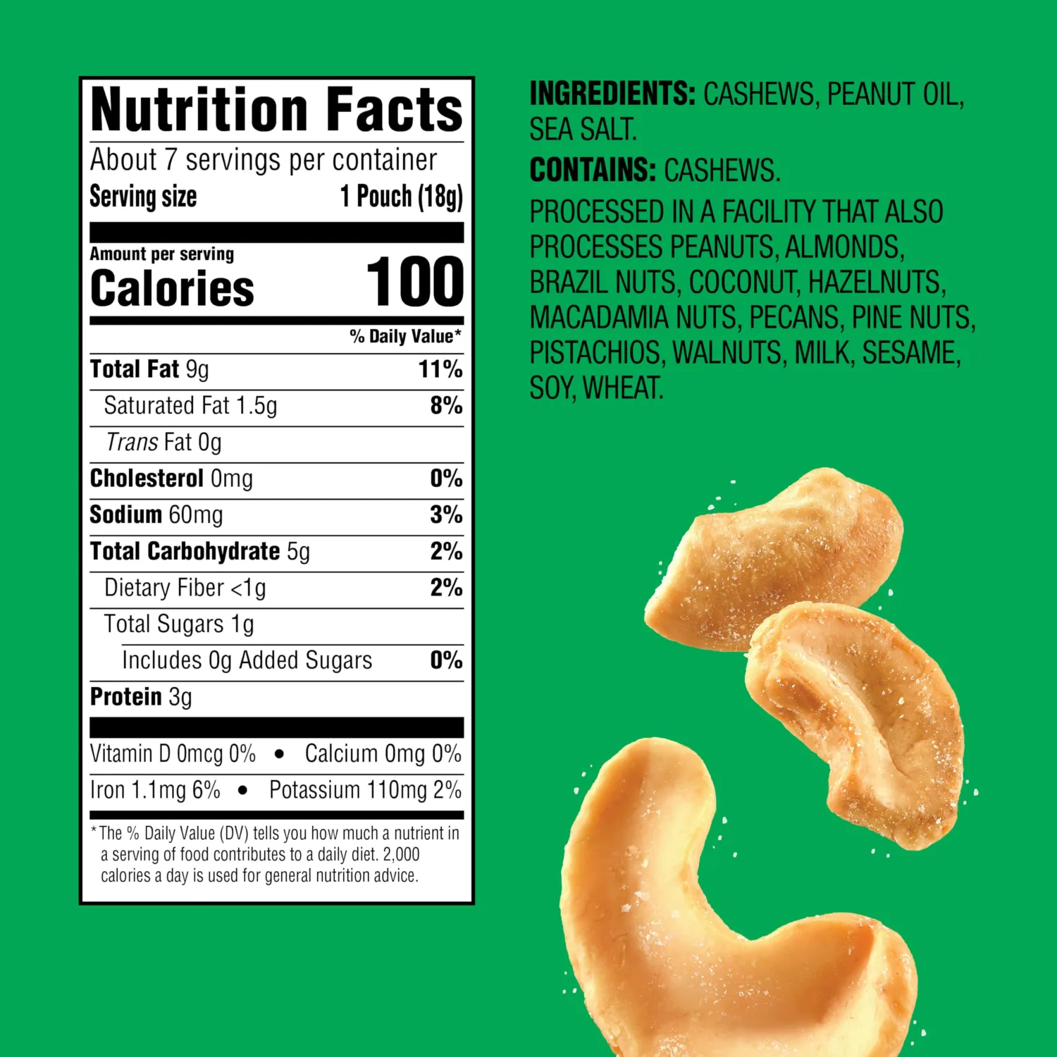 Emerald Nuts Roasted and Salted Cashews 7ct (1-Pack), 100-Calorie Individual Packs, Kosher Certified, Non-GMO, Contains No Artificial Preservatives, Flavors or Synthetic Colors