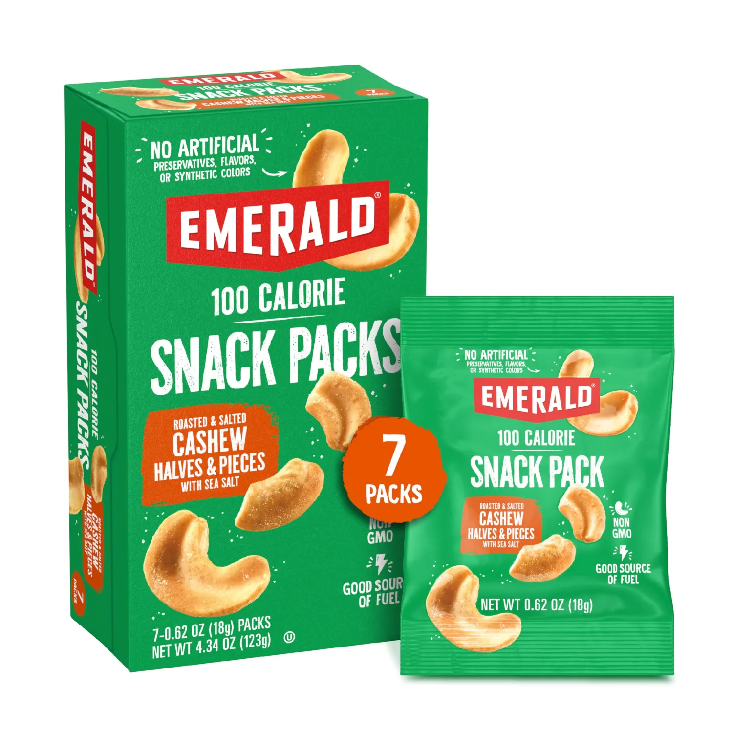 Emerald Nuts Roasted and Salted Cashews 7ct (1-Pack), 100-Calorie Individual Packs, Kosher Certified, Non-GMO, Contains No Artificial Preservatives, Flavors or Synthetic Colors