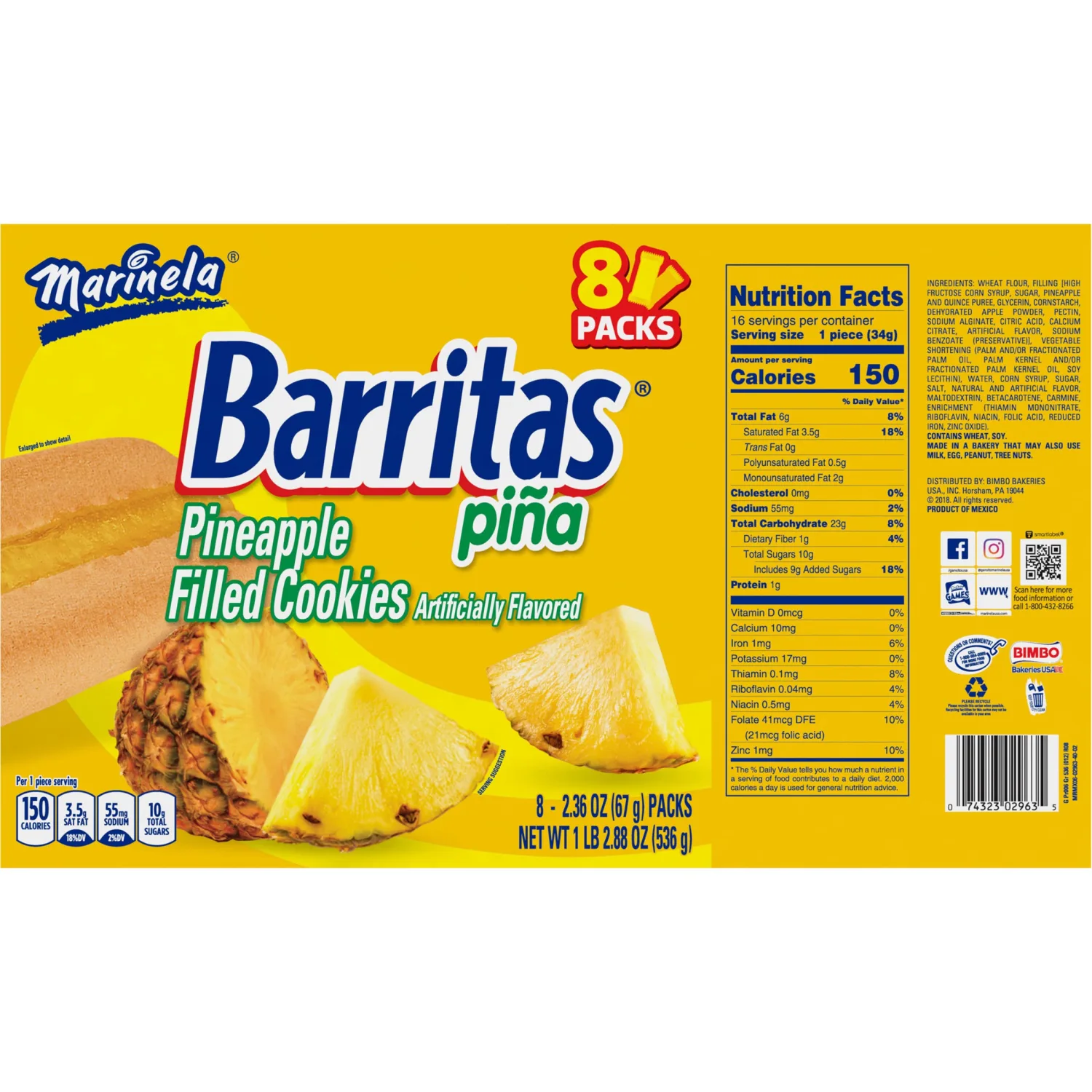 Marinela Barritas Piña Pineapple Soft Filled Cookie Bar | 1 pack (8 count)
