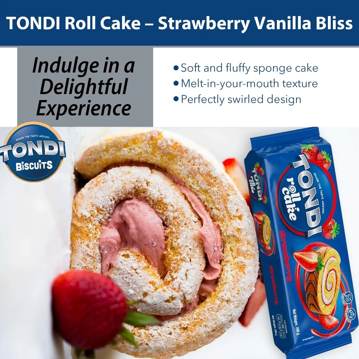 TONDI Roll Cake with Strawberry Fillings -A Delicious Organic Cake Dessert, Perfect for Any Occasion - Sweet Ceramal Cakes Individually Wrapped for Freshness - Ideal for Snacking & Gifting- 2 Pack