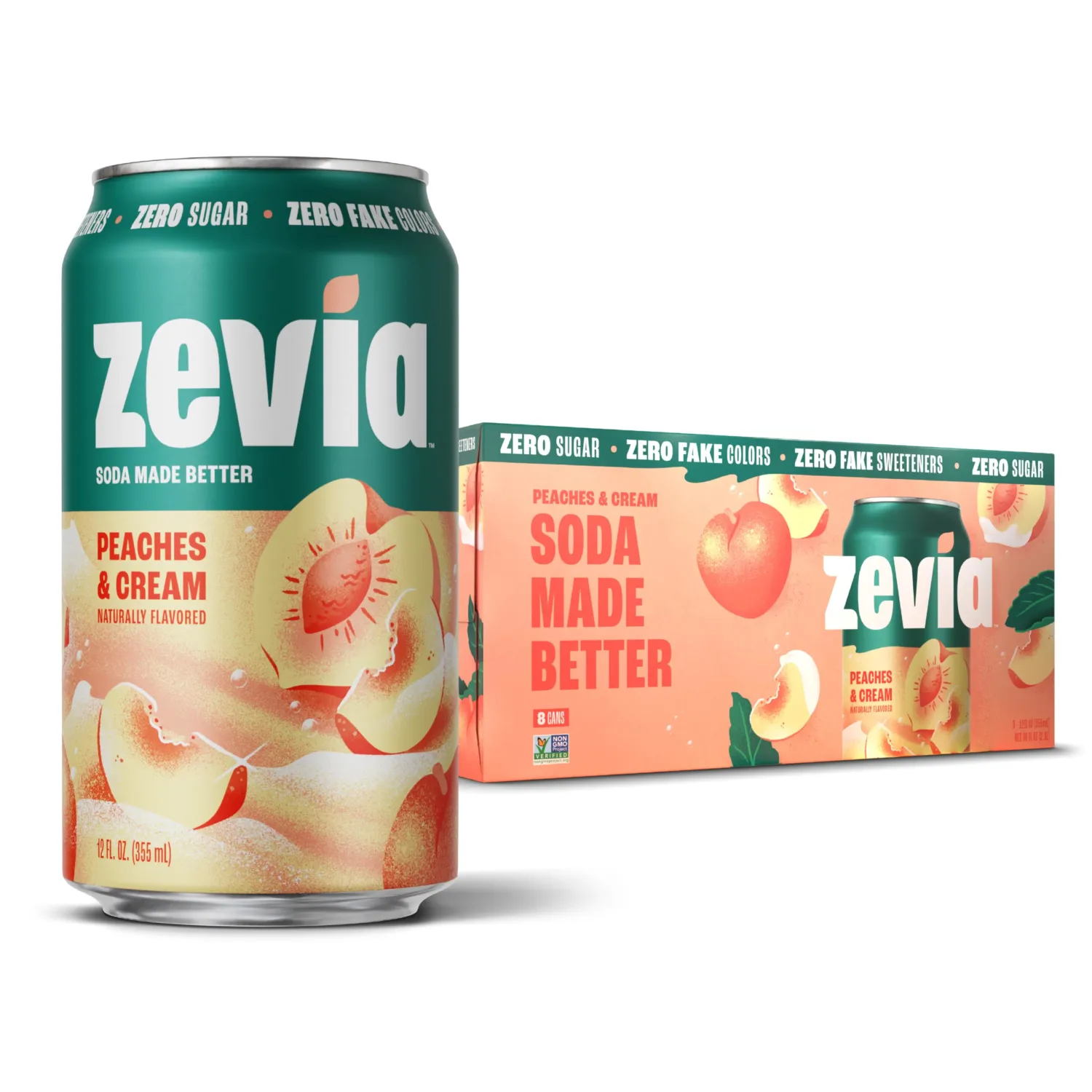 Zevia Zero Sugar Soda, Peaches and Cream, 12 oz Cans (8-Pack) – Caffeine Free, Naturally Sweetened, No Calorie Soda - Non-GMO Project Verified, Gluten-Free, Vegan