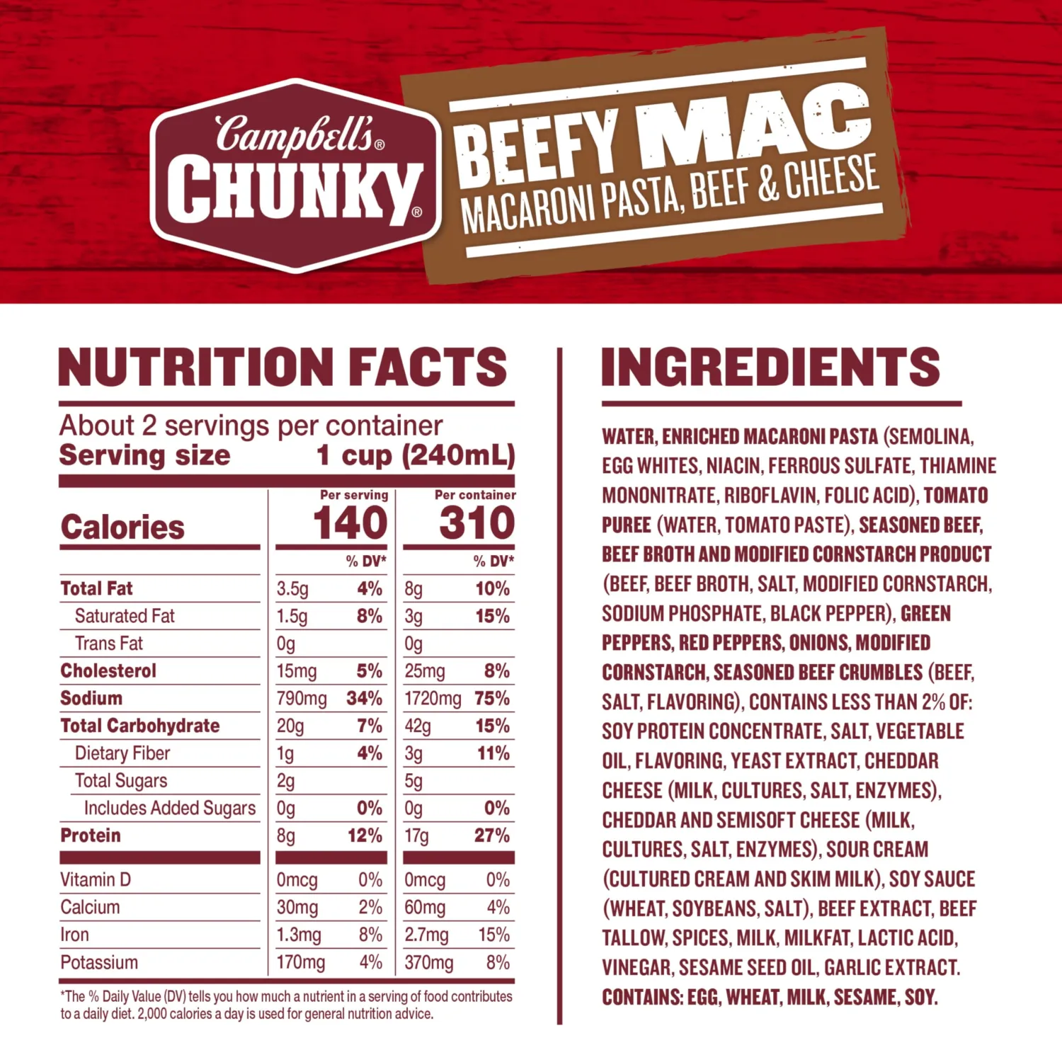 Campbell’s Chunky Beefy Mac Soup, 18.8 oz Can