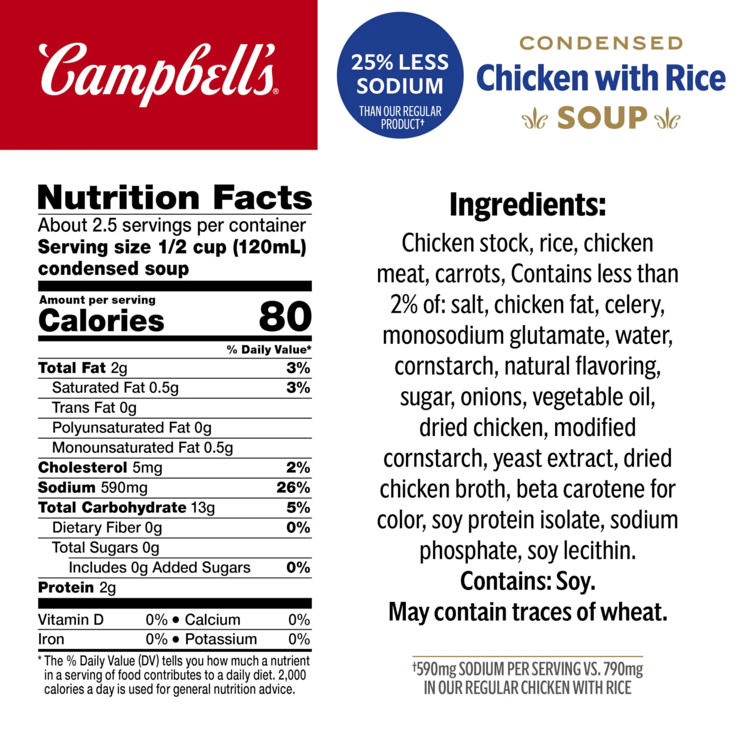 Campbell’s Condensed 25% Less Sodium Chicken and Rice Soup, 10.5 oz Can