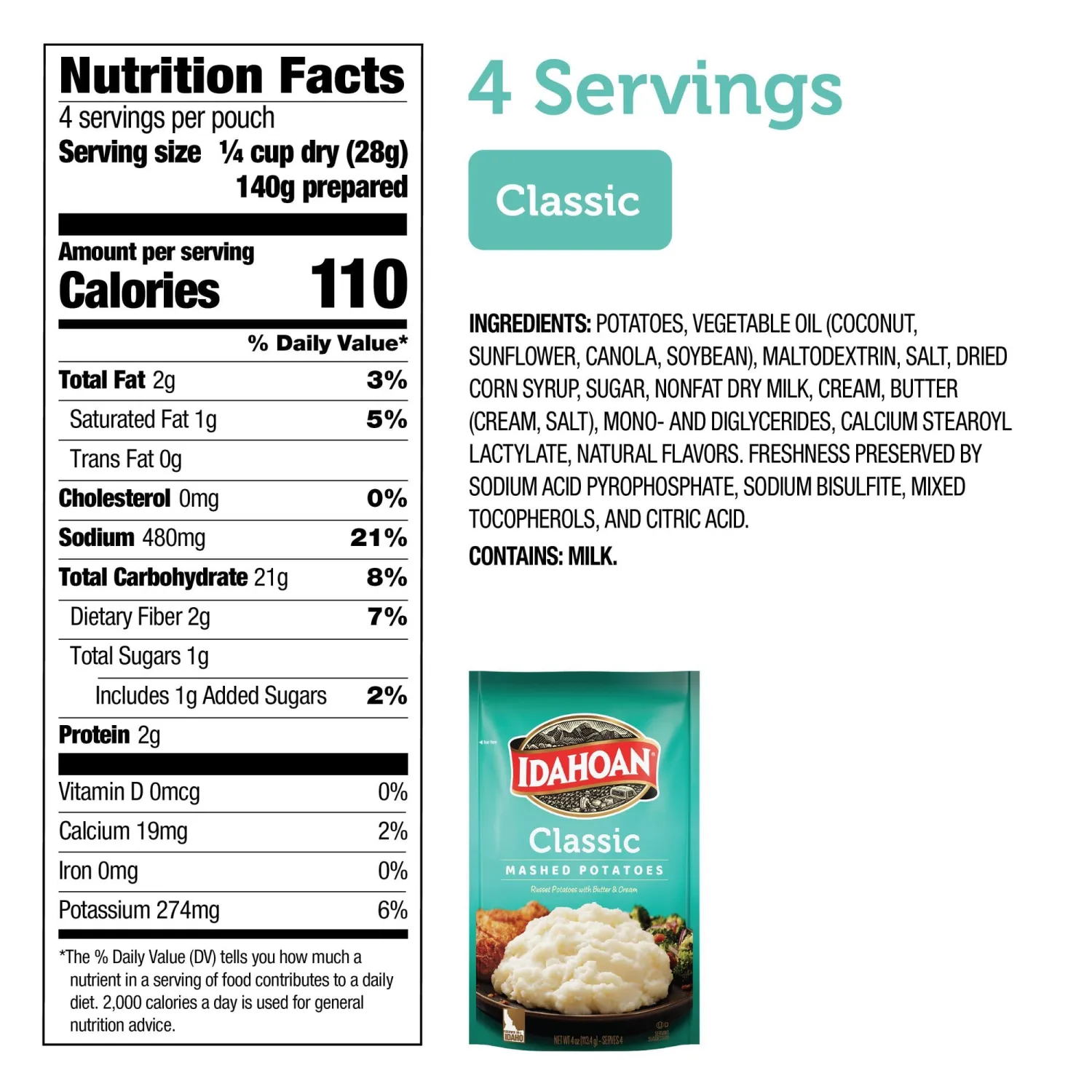 Idahoan Classic Mashed Potatoes, Naturally Gluten-Free, 100% Real Idaho Potatoes, 4 servings per bag, 4 ounce (Pack of 12)