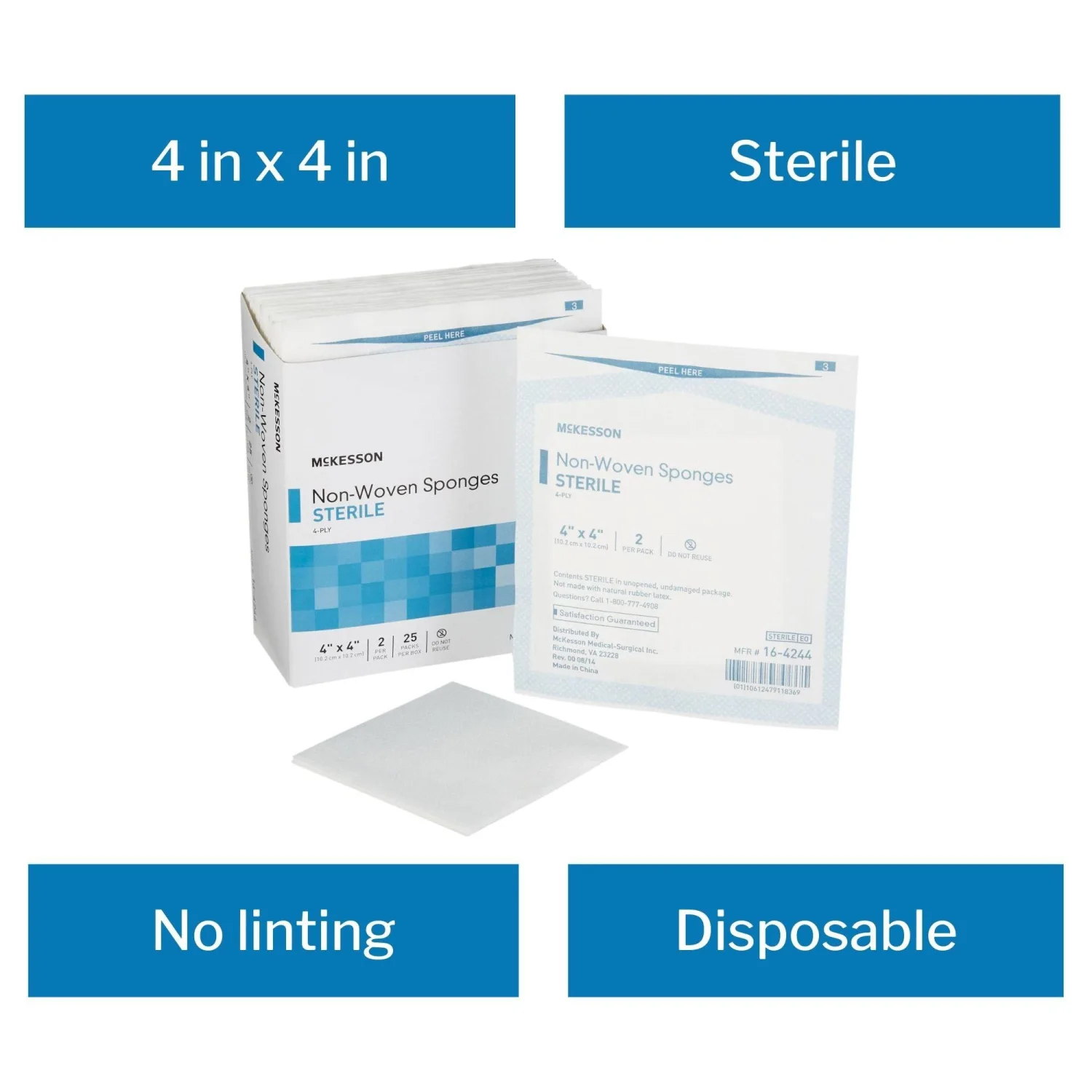 McKesson Non-Woven Sponges, Sterile, 4-Ply, Polyester / Rayon, 4 in x 4 in, 2 per Pack, 25 Packs, 50 Total