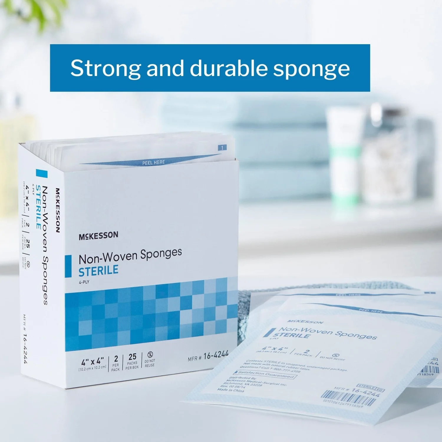 McKesson Non-Woven Sponges, Sterile, 4-Ply, Polyester / Rayon, 4 in x 4 in, 2 per Pack, 25 Packs, 50 Total