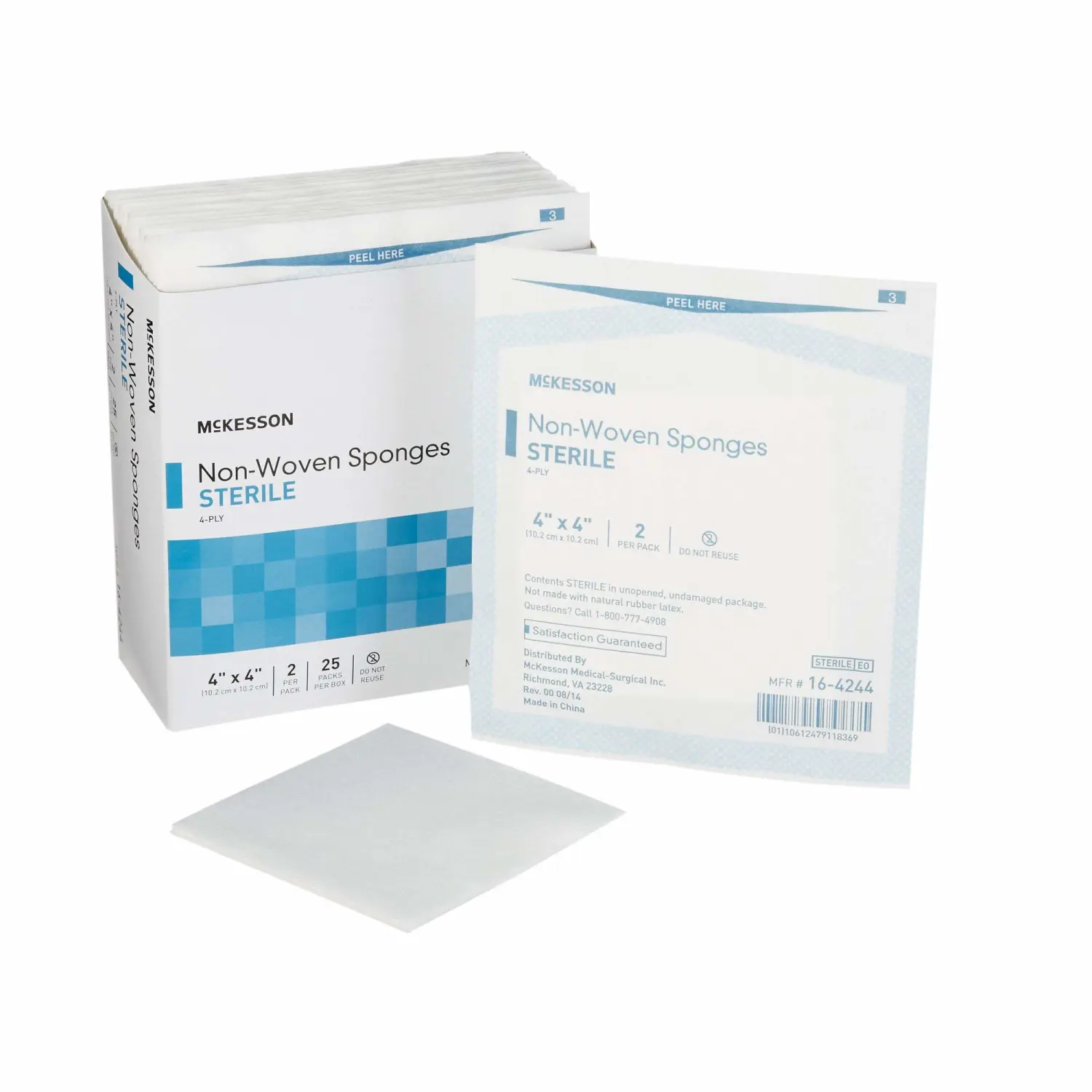 McKesson Non-Woven Sponges, Sterile, 4-Ply, Polyester / Rayon, 4 in x 4 in, 2 per Pack, 25 Packs, 50 Total