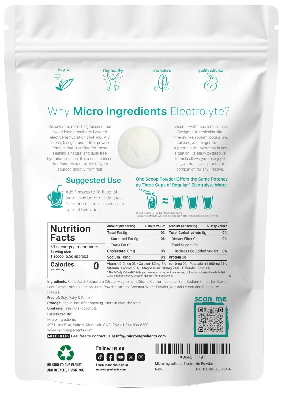 Micro Ingredients Hydration Electrolyte Powder, 1 lb (69 Servings) | Lemon Raspberry Flavor | High Potassium (1,000mg) + Coconut Water & Real Lemon Juice | No Sugar, Keto Friendly | Non-GMO