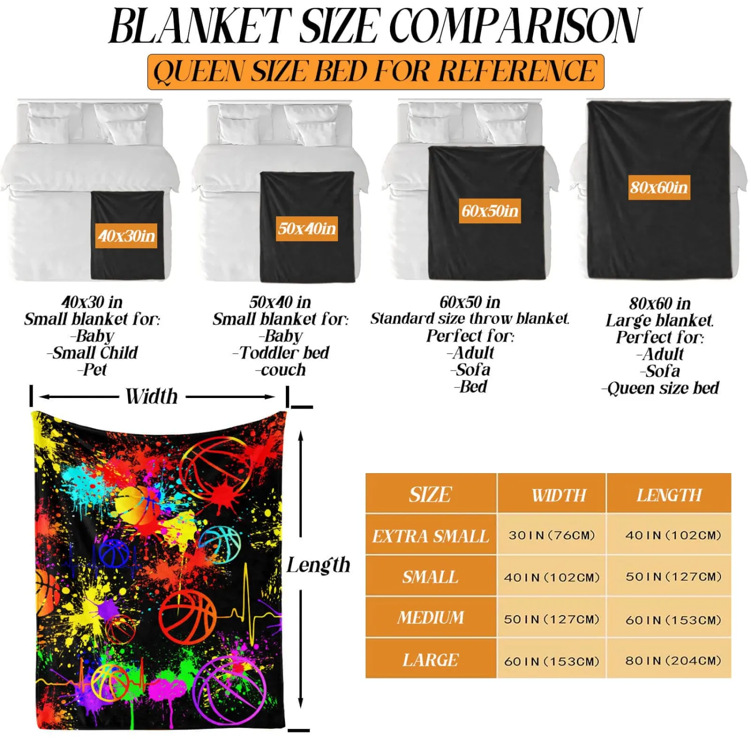 Basketball Throw Blanket, 50" x 40" Flannel Cool Basketballs Themed Printed Stuffed Plush Orange Blankets, Soft Nap Throw Blanket for Home Boys Girls Women Basketball Lovers Gifts