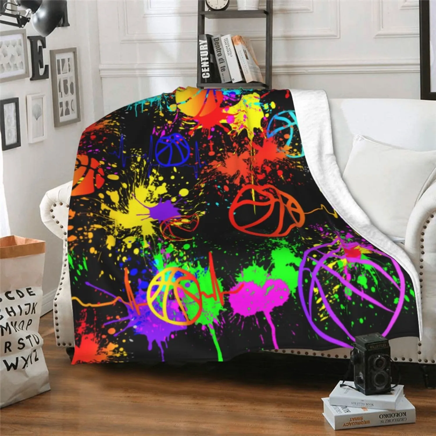 Basketball Throw Blanket, 50" x 40" Flannel Cool Basketballs Themed Printed Stuffed Plush Orange Blankets, Soft Nap Throw Blanket for Home Boys Girls Women Basketball Lovers Gifts