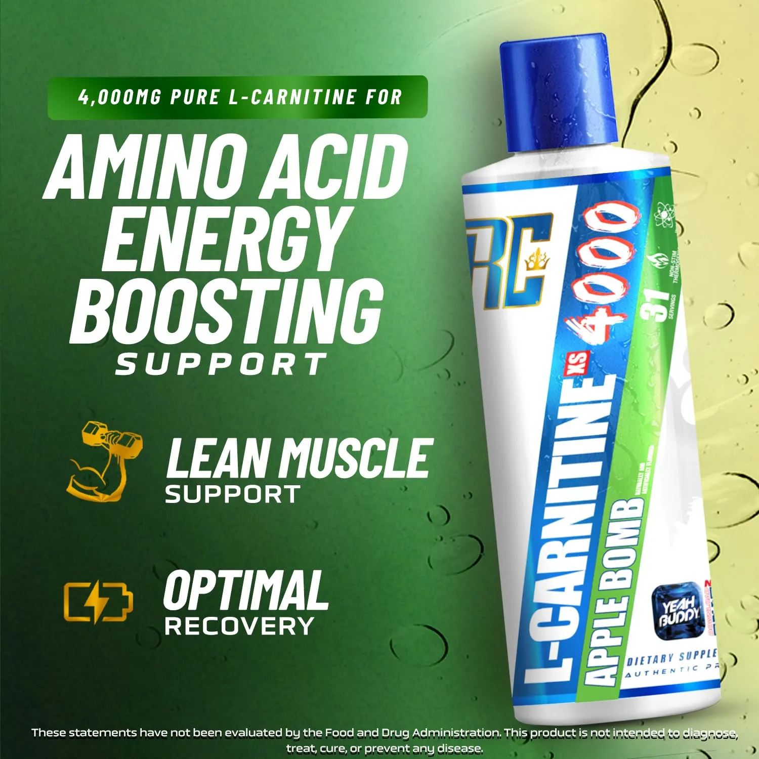 Ronnie Coleman Signature Series L Carnitine XS 4000 Liquid, Stimulant Free, Sugar Free, Zero Carbs, Lean Muscle Strength Support for Men & Women, 16 Oz (16 oz, Apple Bomb (4000))