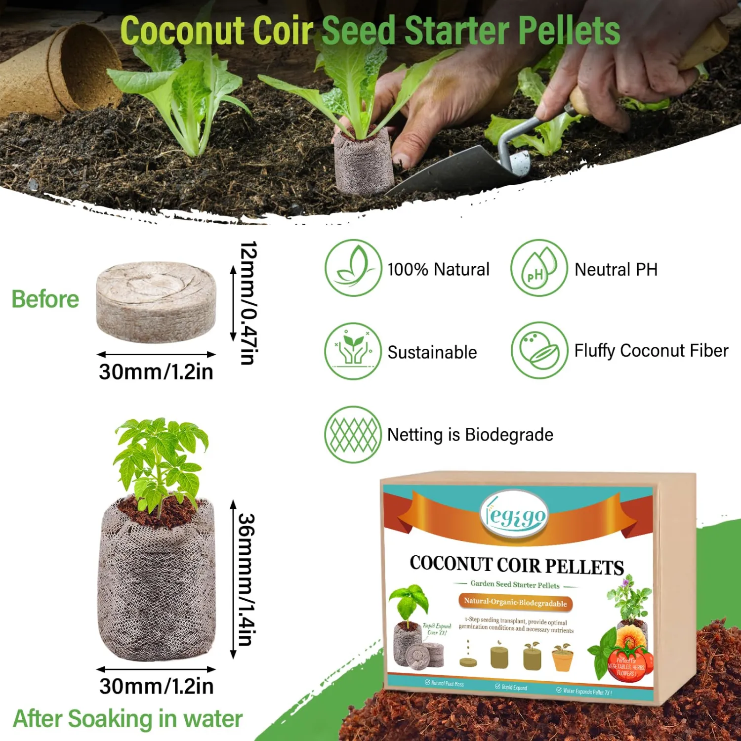 Legigo 100 PCS Coco Coir Seed Starter Pellets, 30mm Coconut Coir Soil Plugs for Seed Germination, Compressed Seed Plant Starter Soil Pods Plugs for Starting Seed Planting Herbs Flowers Vegetables