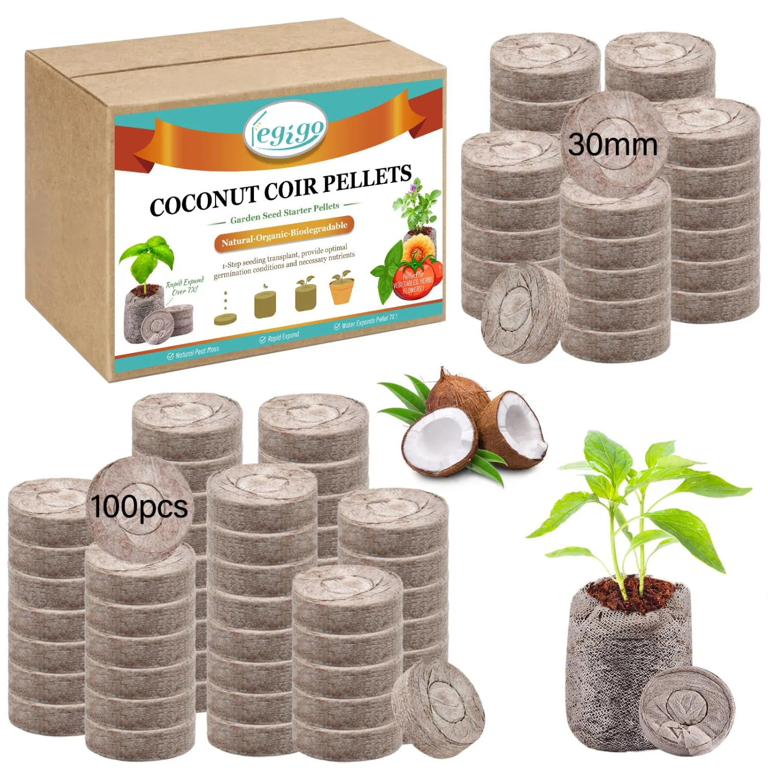 Legigo 100 PCS Coco Coir Seed Starter Pellets, 30mm Coconut Coir Soil Plugs for Seed Germination, Compressed Seed Plant Starter Soil Pods Plugs for Starting Seed Planting Herbs Flowers Vegetables