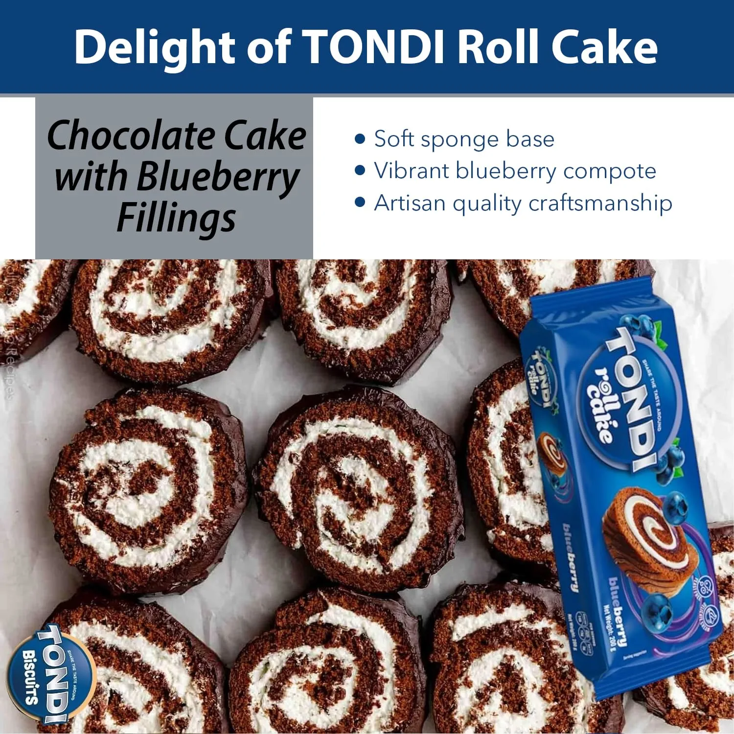 TONDI Chocolate Roll Cakes with Blueberry Fillings - Sweet Ceramal Cake Individually Wrapped for Freshness - Enjoy a Light, Fluffy Sponge Cake with Every Bite- Ideal for Any Occasion- 7oz/each- 2 Pack with TONDI Sticker