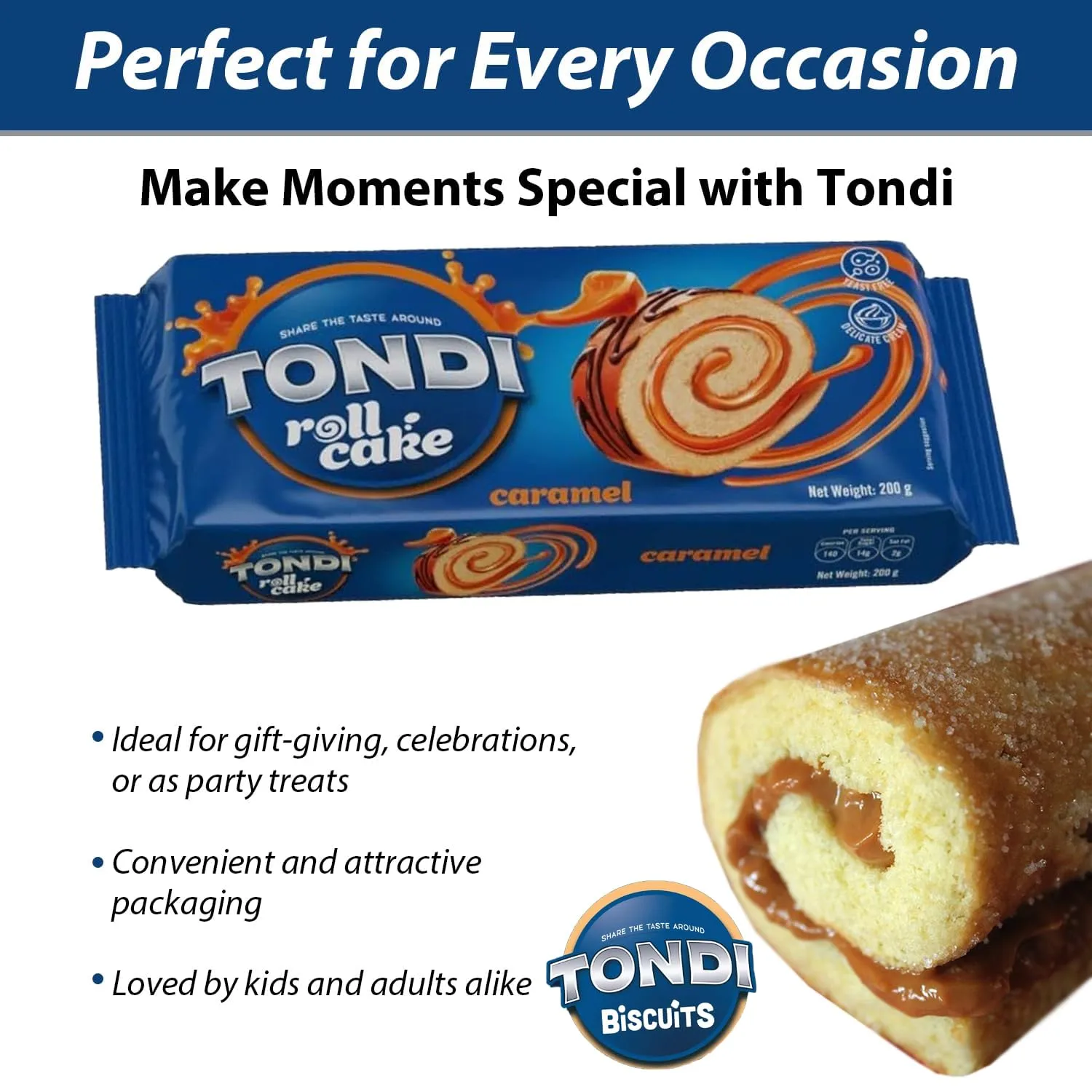 TONDI Roll Cakes - Roll Cake with Caramel Fillings - Delicious Sponge Cake Rolled in Velvety Ganache - Tasty Snack Cakes for Tea, Coffee & More - 2 Pack with TONDI Sticker
