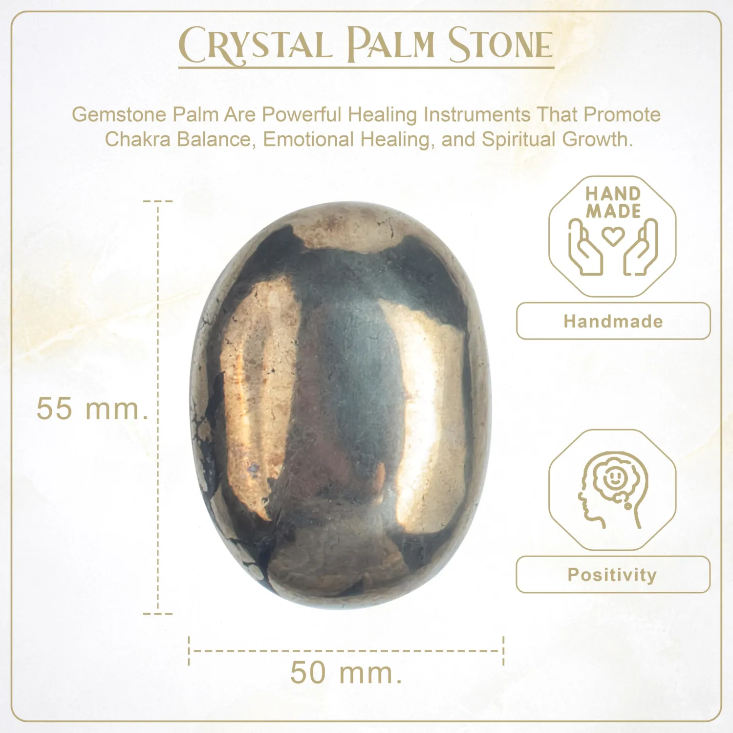 BEZAVO Golden Pyrite Oval Polished Palm Stone, Healing Crystal Reiki Worry Stone Gemstone, Crystal for Good Luck, Balanced Positive Energy, Meditation, Chakra Healing Stone 55-60mm