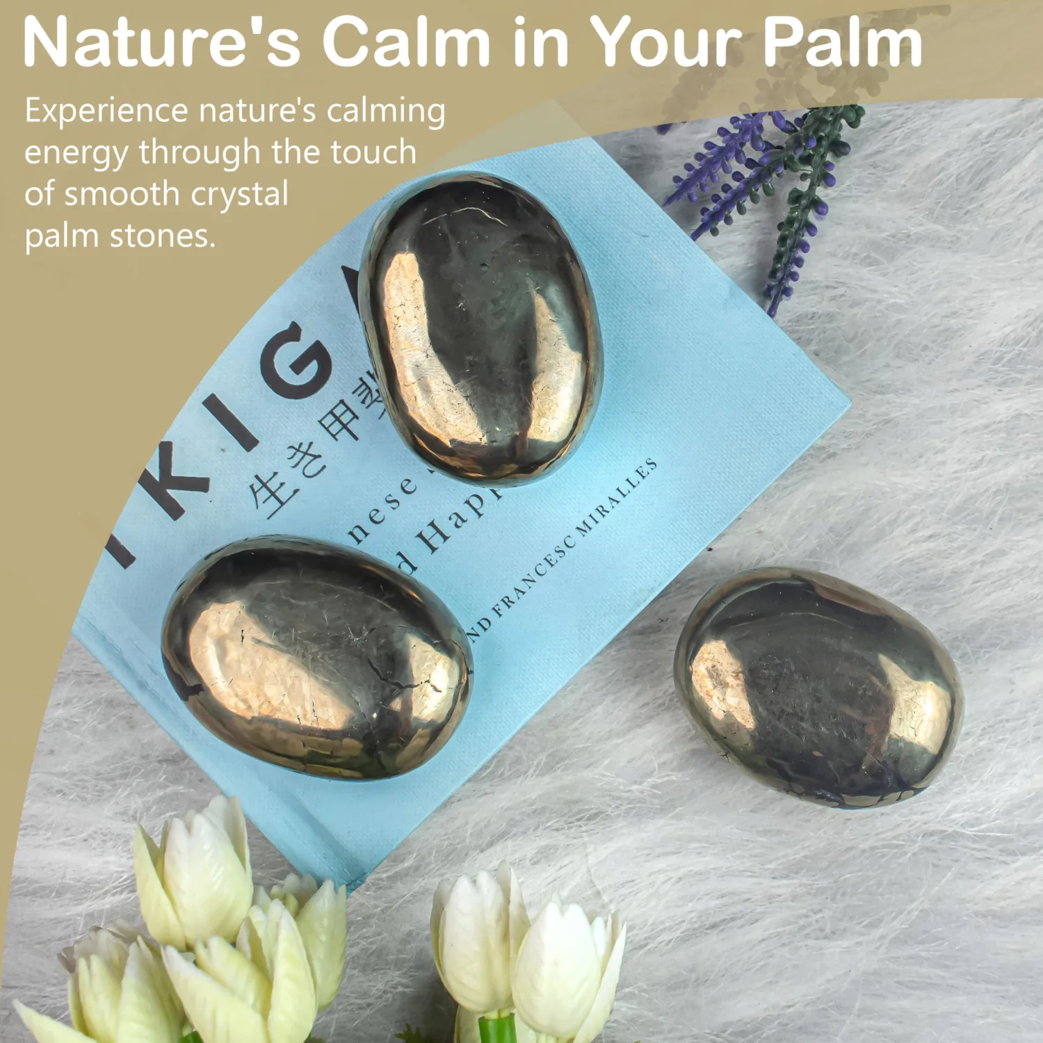 BEZAVO Golden Pyrite Oval Polished Palm Stone, Healing Crystal Reiki Worry Stone Gemstone, Crystal for Good Luck, Balanced Positive Energy, Meditation, Chakra Healing Stone 55-60mm