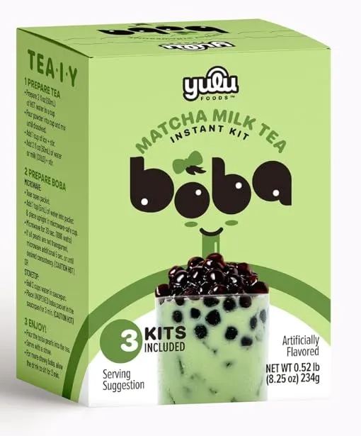 Matcha Latte Instant Bubble Pearl Matcha Milk Tea Kit with Authentic Brown Sugar Tapioca Pearls, Ready in Under One Minute, Paper Straws Included – 3 Servings Yulu Foods