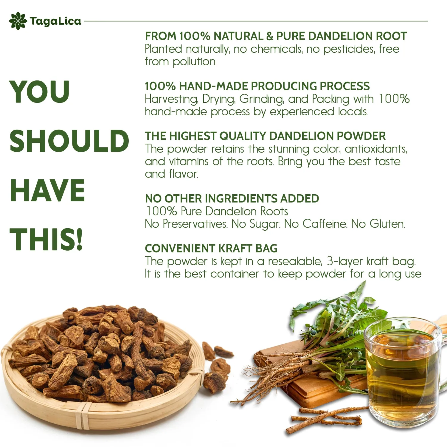 Tagalica, 10 oz Dandelion Root Powder, 100% Natural and Pure from Dandelion Root, No Additives, No Gluten, No Sugar, Vegan