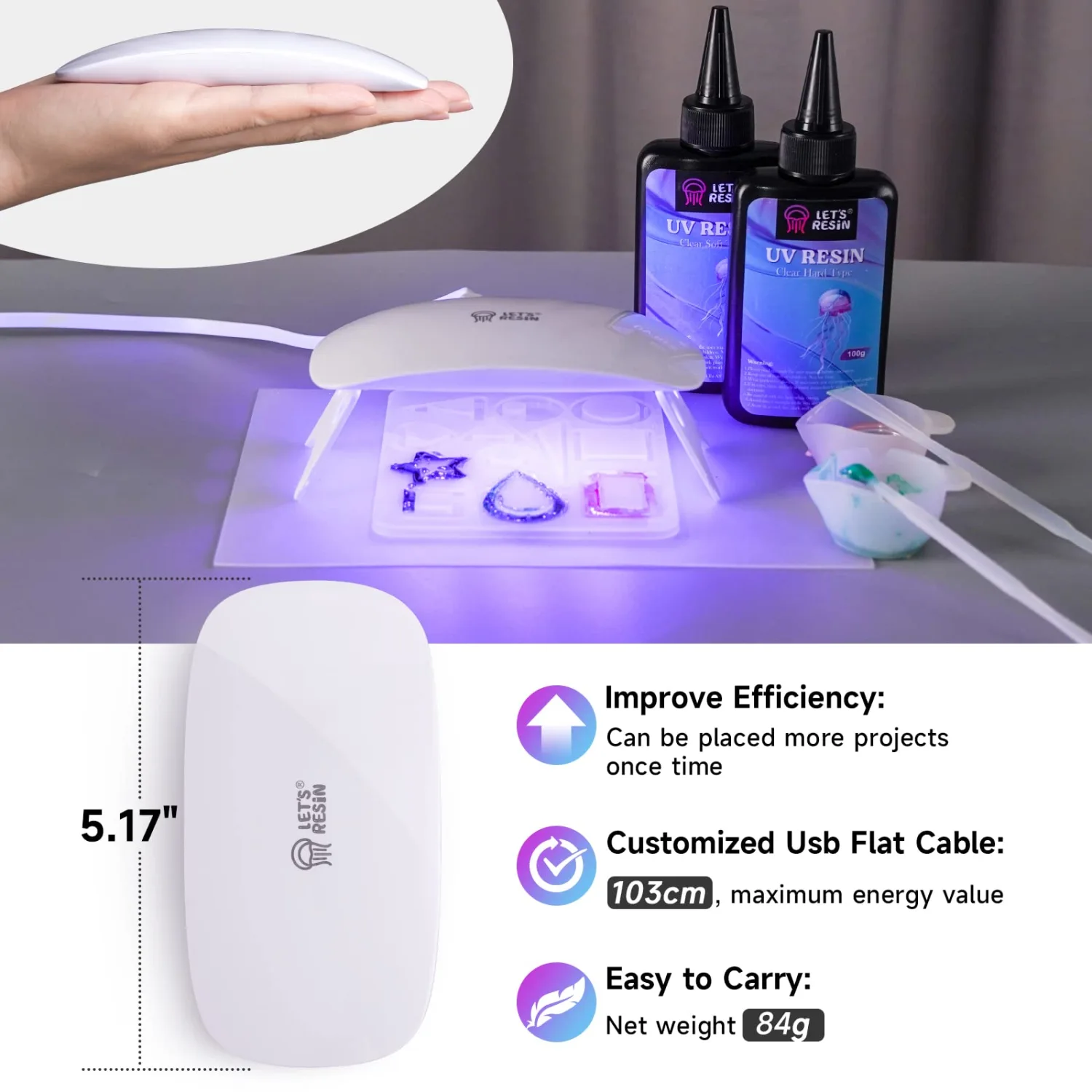 LET'S RESIN Mini UV Light for Resin, 2.5Times Higher UV Energy Value Portable UV Resin Light, Faster Curing & 84g Light Weight UV Lamp, Resin Supplies for UV Resin Molds, Jewelry Making, Craft Decor