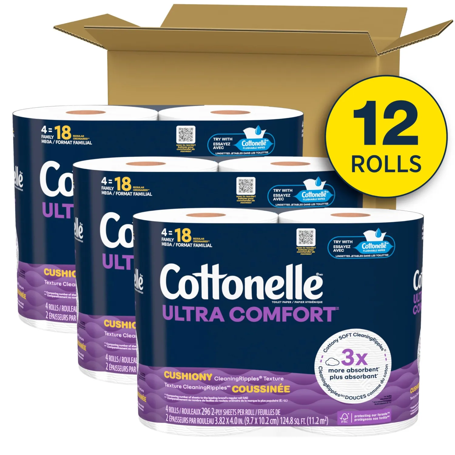 Cottonelle Ultra Comfort Toilet Paper with Cushiony CleaningRipples Texture, 12 Family Mega Rolls = 54 Regular Rolls