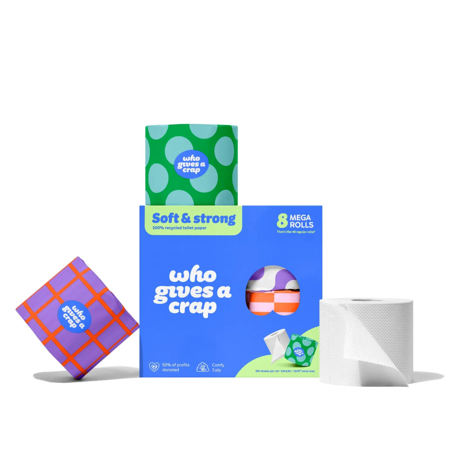 Who Gives A Crap 100% Recycled Double Length Toilet Paper Rolls 8 Count, 360 CT