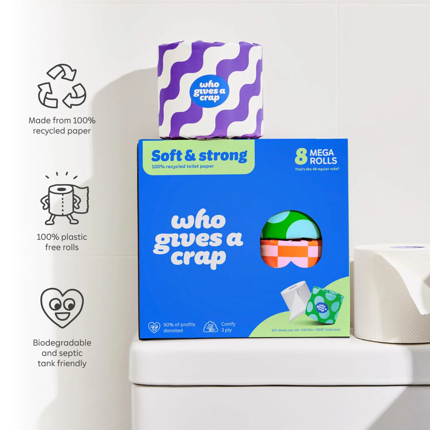 Who Gives A Crap 100% Recycled Double Length Toilet Paper Rolls 8 Count, 360 CT
