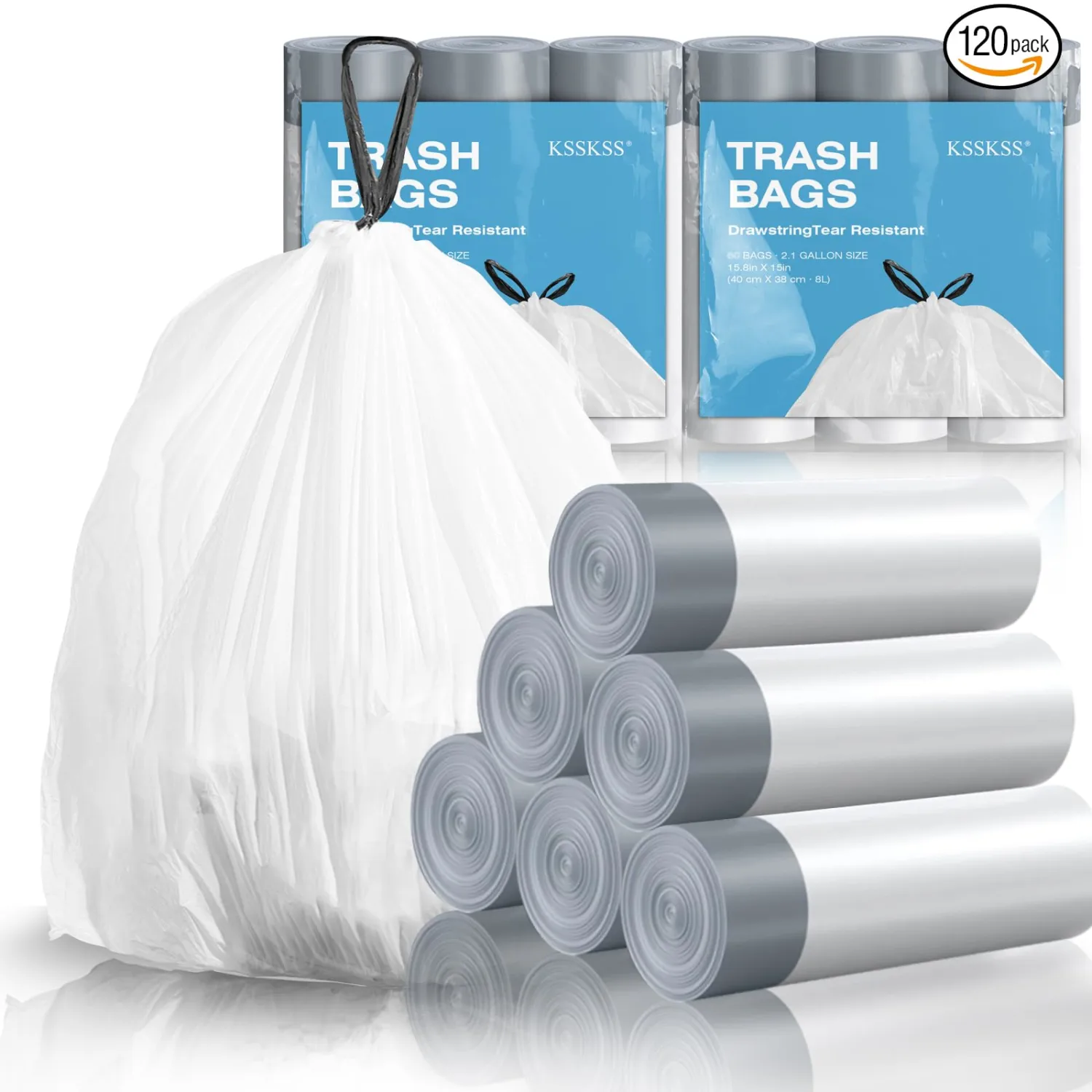120 Counts 1.6 Gallon Mini Drawstring Trash Bags, Small Garbage Bags by KSSKSS, Code a fit 4.5-8 Liter, 1.2-2 Gal, White Trash Bin Liners for Home Office Kitchen Bathroom Bedroom