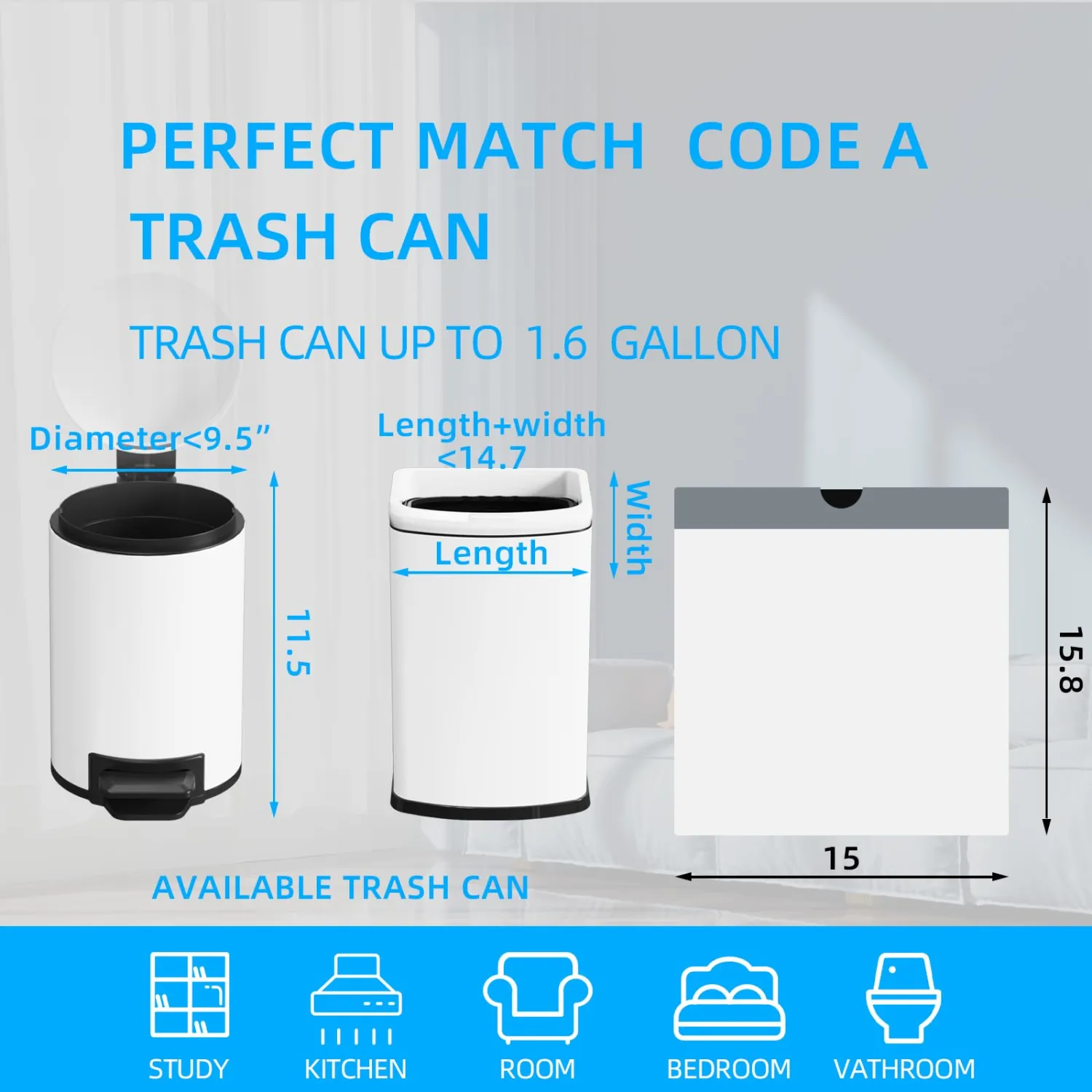 120 Counts 1.6 Gallon Mini Drawstring Trash Bags, Small Garbage Bags by KSSKSS, Code a fit 4.5-8 Liter, 1.2-2 Gal, White Trash Bin Liners for Home Office Kitchen Bathroom Bedroom
